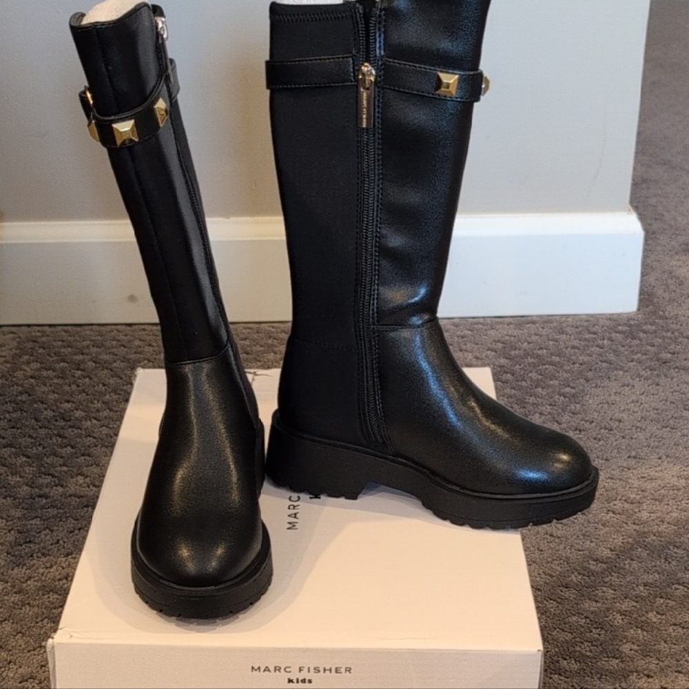 Girls Marc Fisher Black Boots with Gold Buckle
